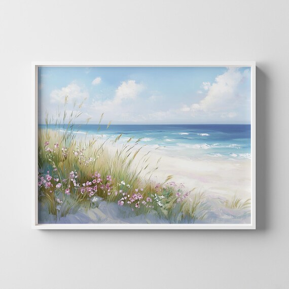 Coastal Beach Wildflower Dunes Ocean Waves Oil Painting Art Poster