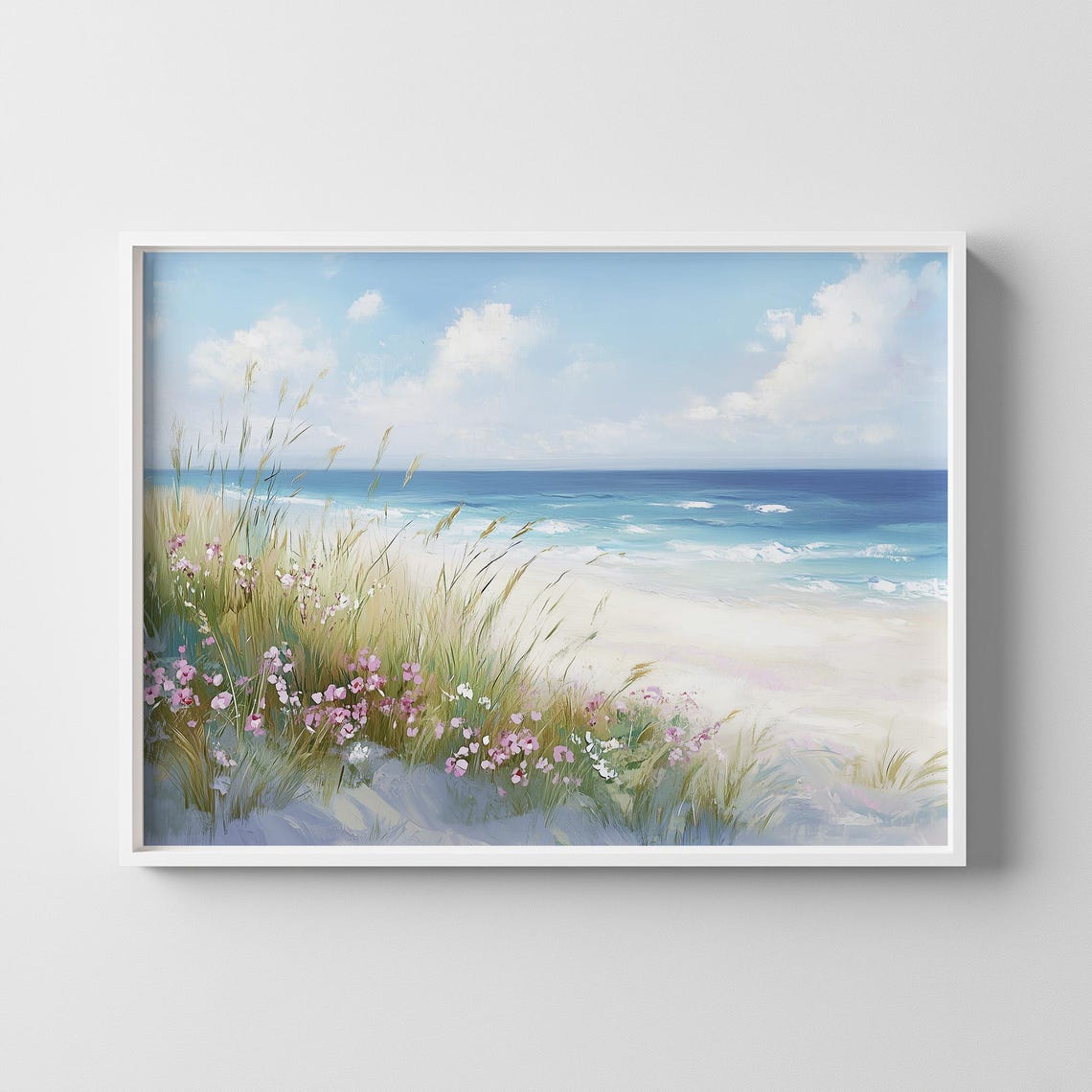 Coastal Beach Wildflower Dunes Ocean Waves Oil Painting Art Poster