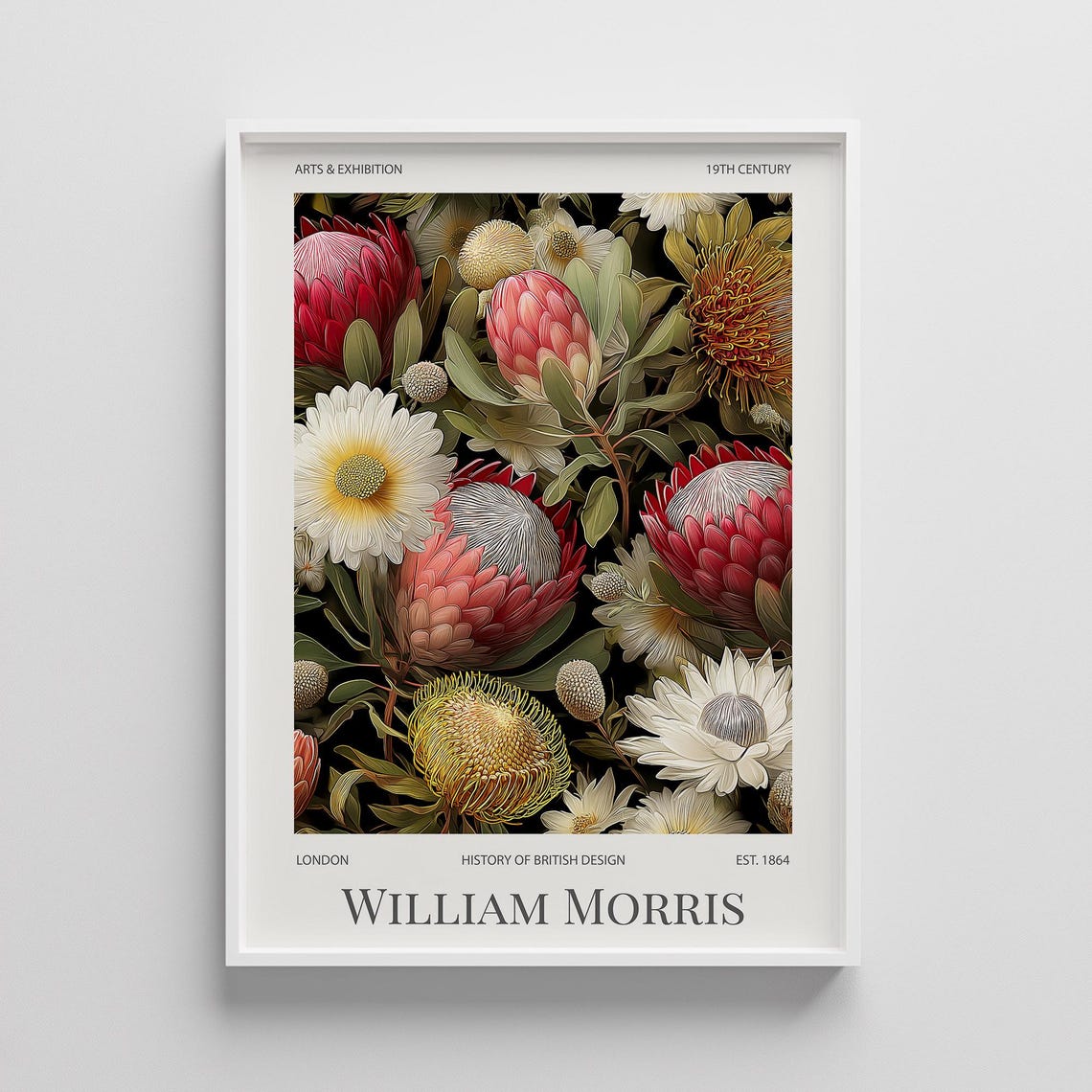 William Morris Pink Protea Poster, Vintage Botanical Floral Artwork