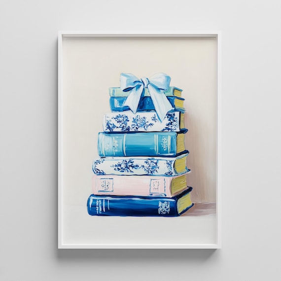 Stack Of Blue And White Vintage Books With Ribbon Bow Poster