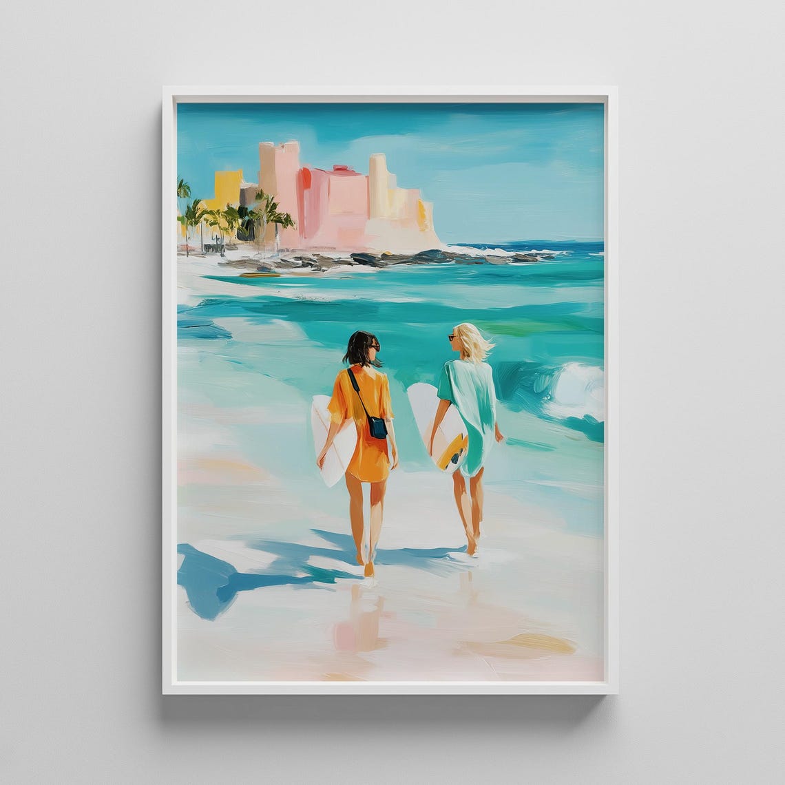Surfer Girls Walking Into The Waves Summer Beach Painting Poster