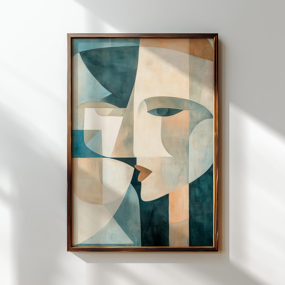 Abstract Cubist Woman Face Teal Beige Modern Portrait Art Poster