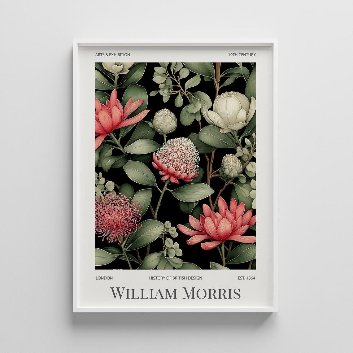 William Morris Protea Floral Poster, Dark Botanical Exhibition Artwork