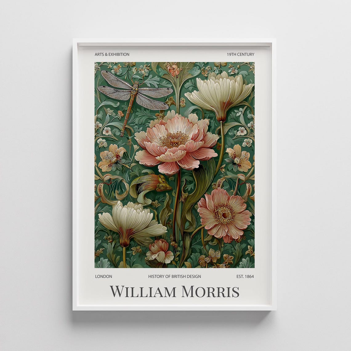 William Morris Dragonfly Print Vintage Arts Crafts Botanical Art