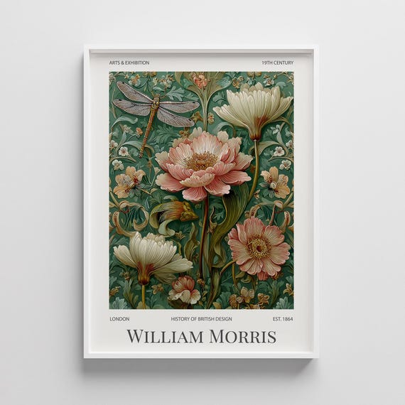 William Morris Dragonfly Print Vintage Arts Crafts Botanical Art