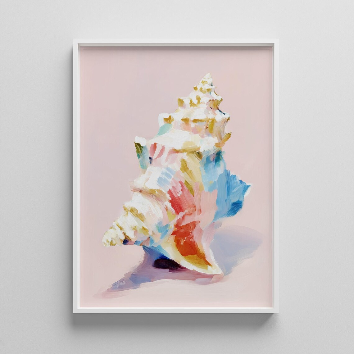 Pastel Conch Seashell Oil Painting on Blush Pink Coastal Art Poster