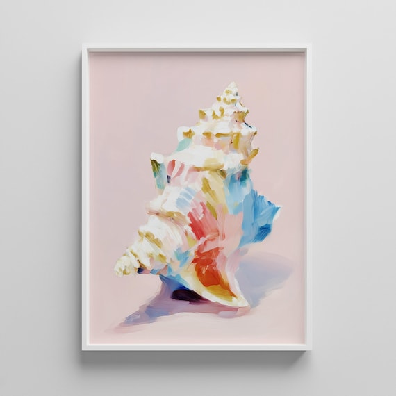 Pastel Conch Seashell Oil Painting on Blush Pink Coastal Art Poster