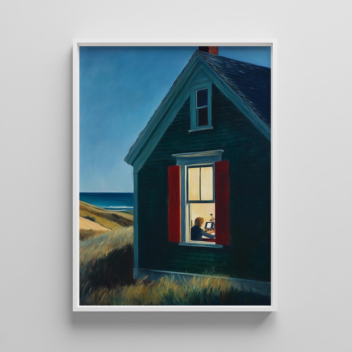 Coastal Cottage Window at Night Edward Hopper Style Art Poster