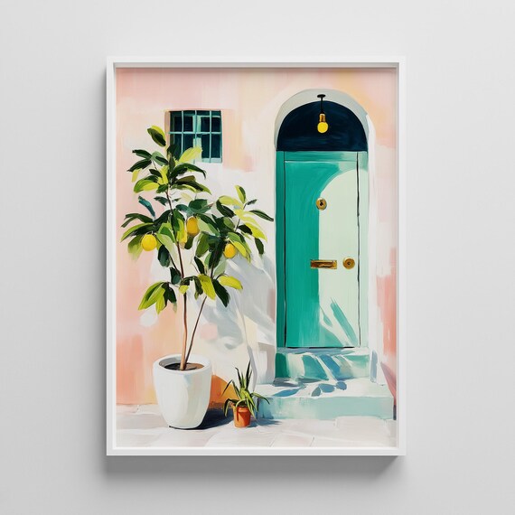 Turquoise Door With Lemon Tree Mediterranean Pastel Art Poster