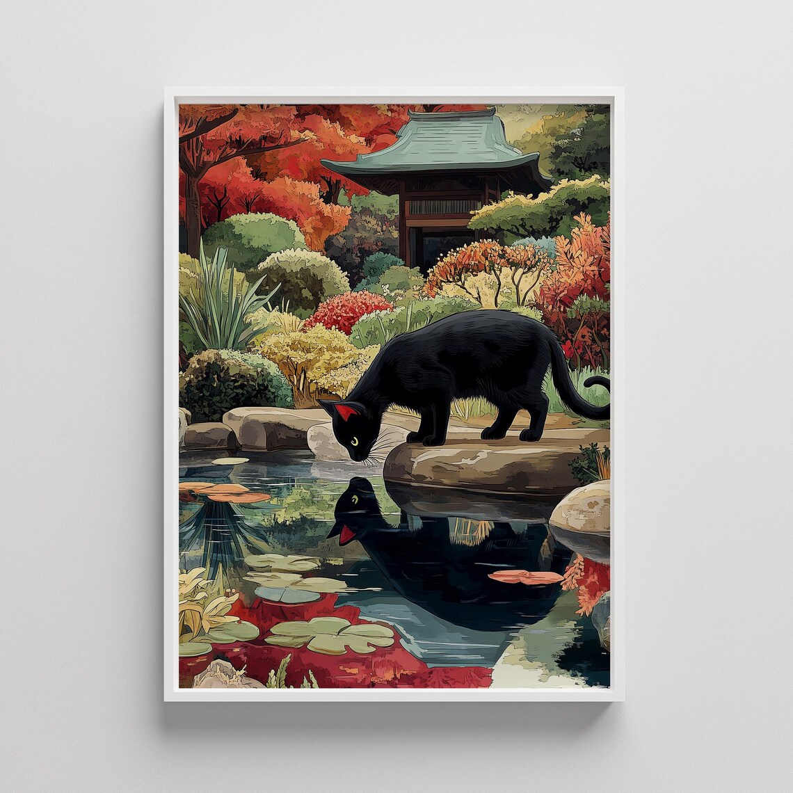 Black Cat by Japanese Garden Pond Autumn Pagoda Nature Poster