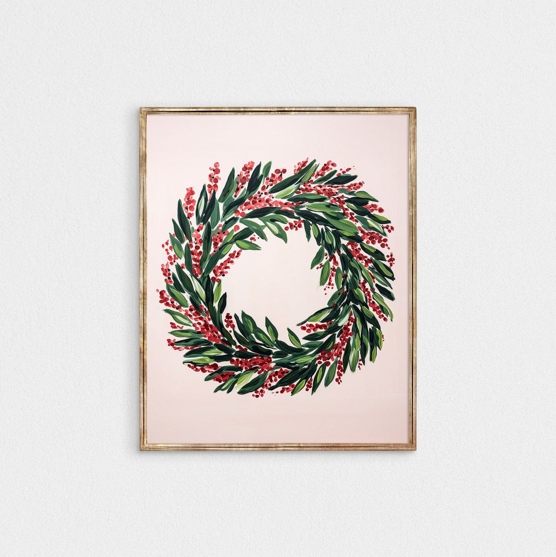 Watercolor Christmas Wreath Red Berries Blush Pink Holiday Art Poster