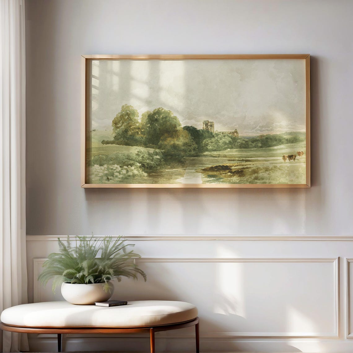 Pastoral Countryside Watercolor Meadow Cows Church Tower Poster - Image 3