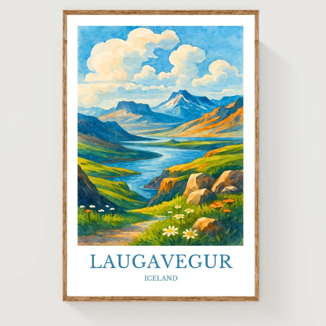 Laugavegur Iceland Highland Valley With River Watercolor Travel Poster