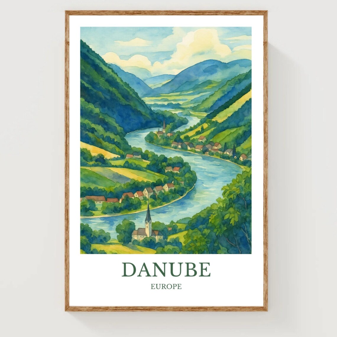 Danube Europe Winding River Valley Village Watercolor Travel Poster