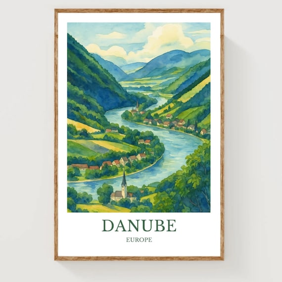 Danube Europe Winding River Valley Village Watercolor Travel Poster