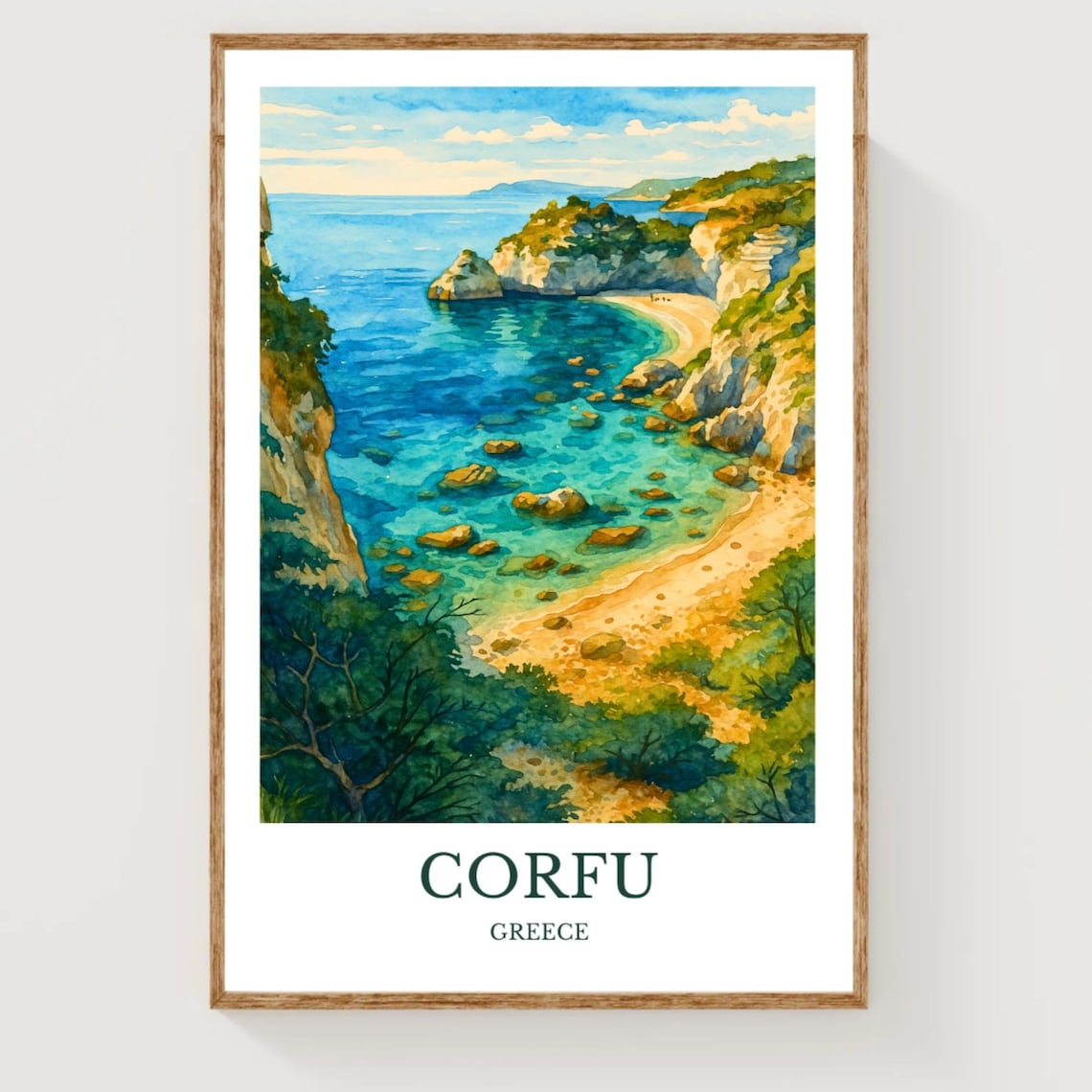 Corfu Greece Watercolor Turquoise Cove Beach Greek Island Poster