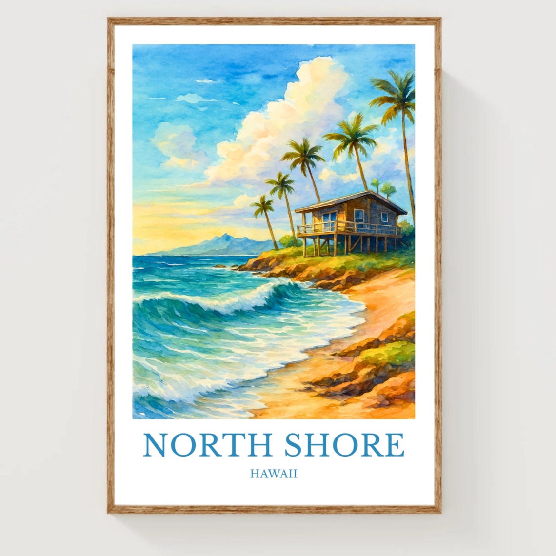 North Shore Hawaii Beach House Palm Trees Watercolor Travel Poster