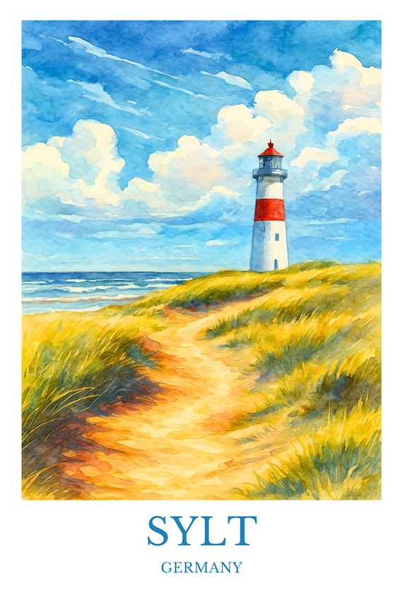 Sylt Germany Lighthouse Dune Path Watercolor Coastal Travel Poster