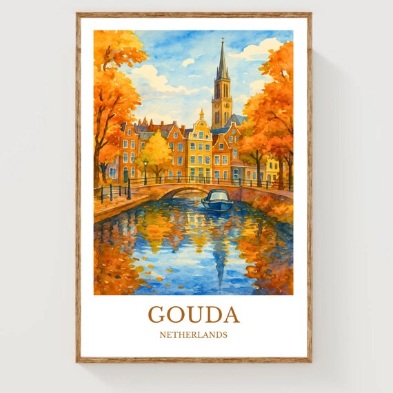 Gouda Netherlands Autumn Canal Watercolor Church Travel Poster