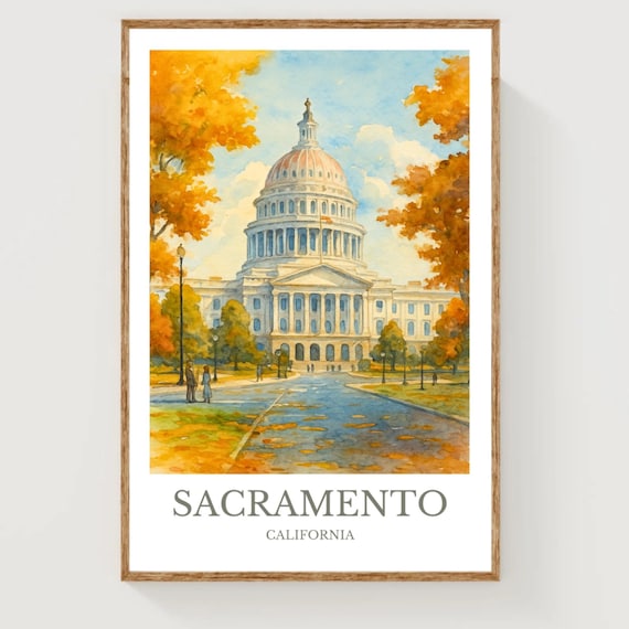 Sacramento California State Capitol Autumn Trees Watercolor Poster