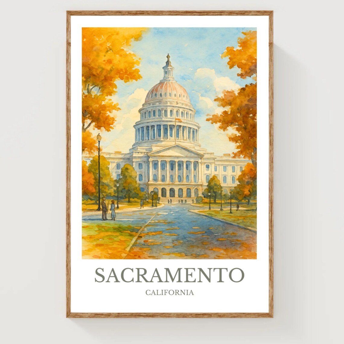Sacramento California State Capitol Autumn Trees Watercolor Poster