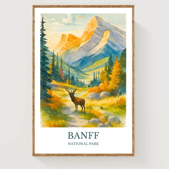 Banff National Park Elk Watercolor Rocky Mountain Travel Poster