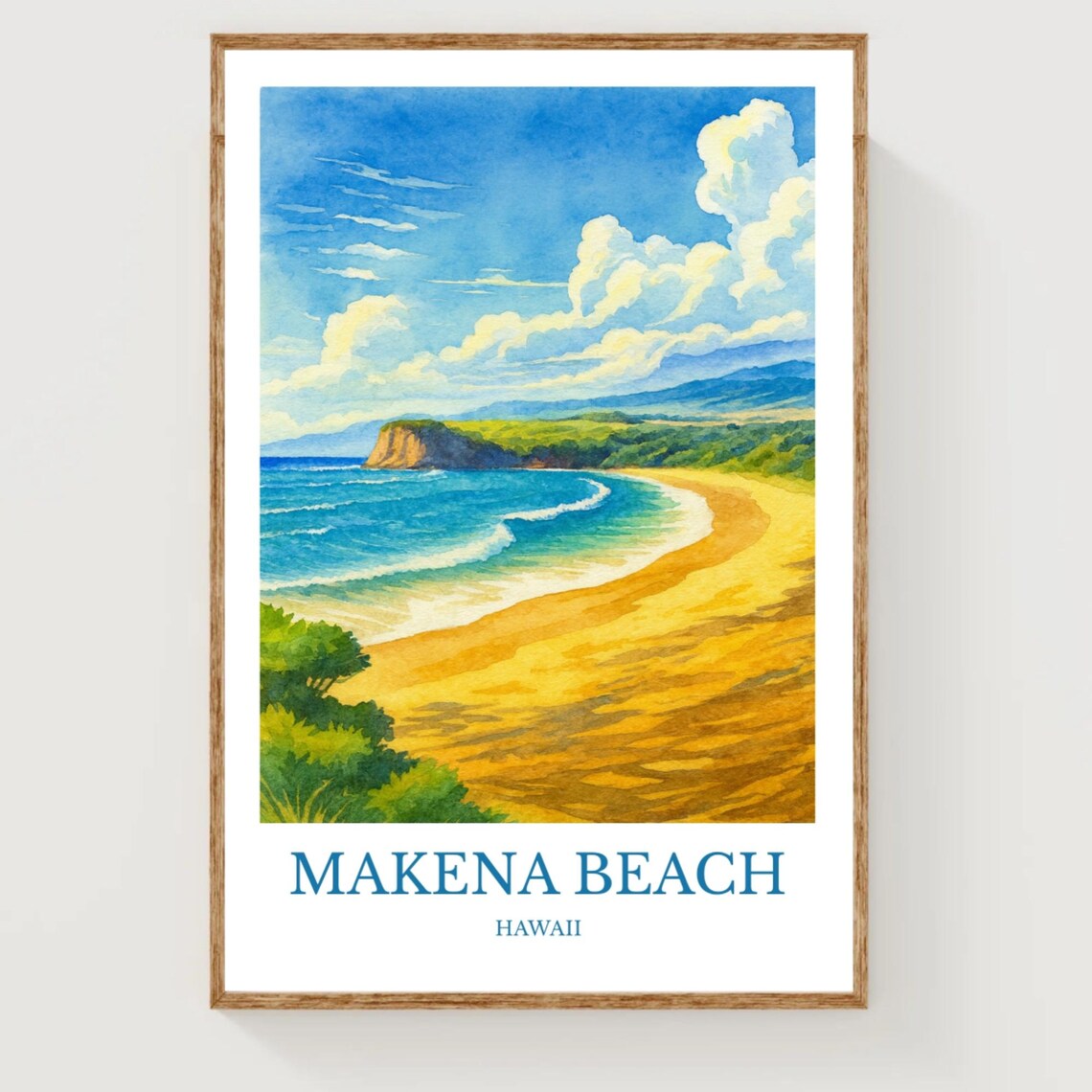 Makena Beach Hawaii Golden Sand Turquoise Surf Watercolor Poster