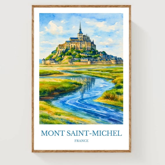 Mont Saint Michel France Tidal Abbey Watercolor Travel Poster