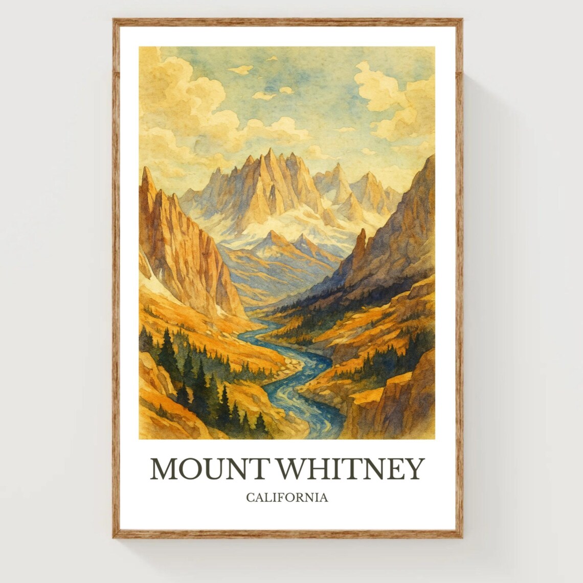 Mount Whitney California Golden Canyon River Watercolor Poster