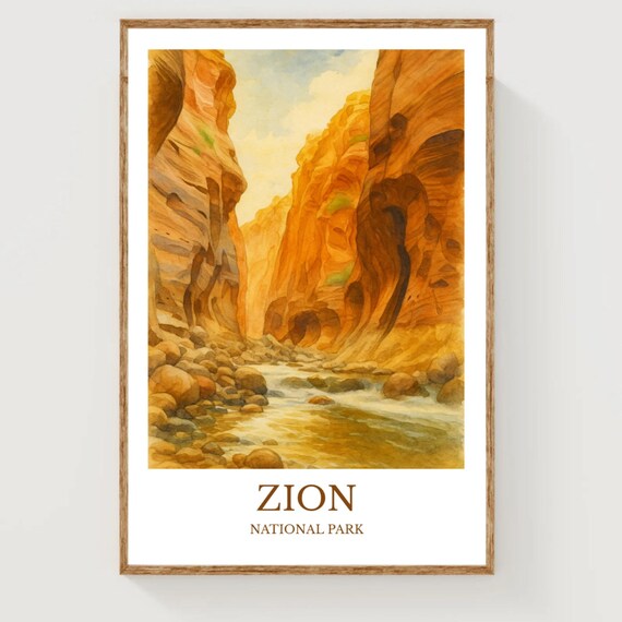 Zion National Park Narrows Canyon Golden Walls Watercolor Poster