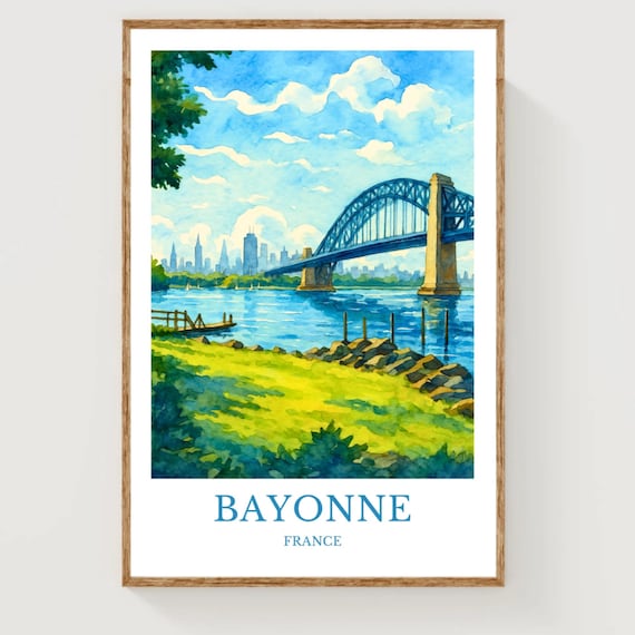 Bayonne France Arch Bridge Watercolor Travel Souvenir Poster