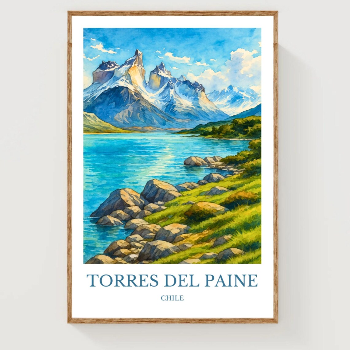 Torres Del Paine Chile Granite Peaks Lake Watercolor Travel Poster