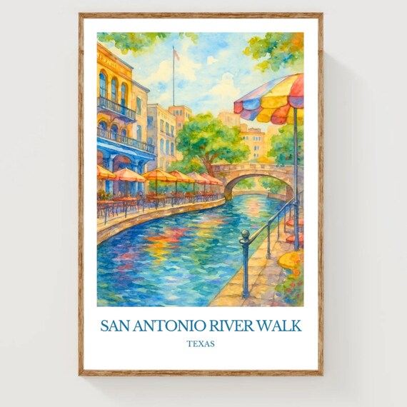 San Antonio River Walk Texas Canal Cafes Watercolor Travel Poster