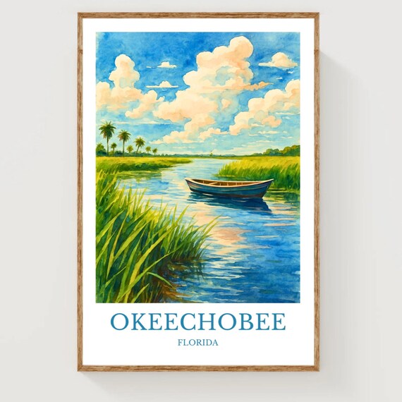 Okeechobee Florida Marsh Wetland Boat Watercolor Travel Poster