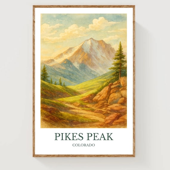 Pikes Peak Colorado Snowy Summit Rocky Trail Watercolor Travel Poster