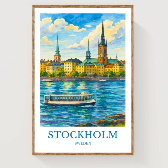 Stockholm Sweden Gamla Stan Waterfront Watercolor Travel Poster