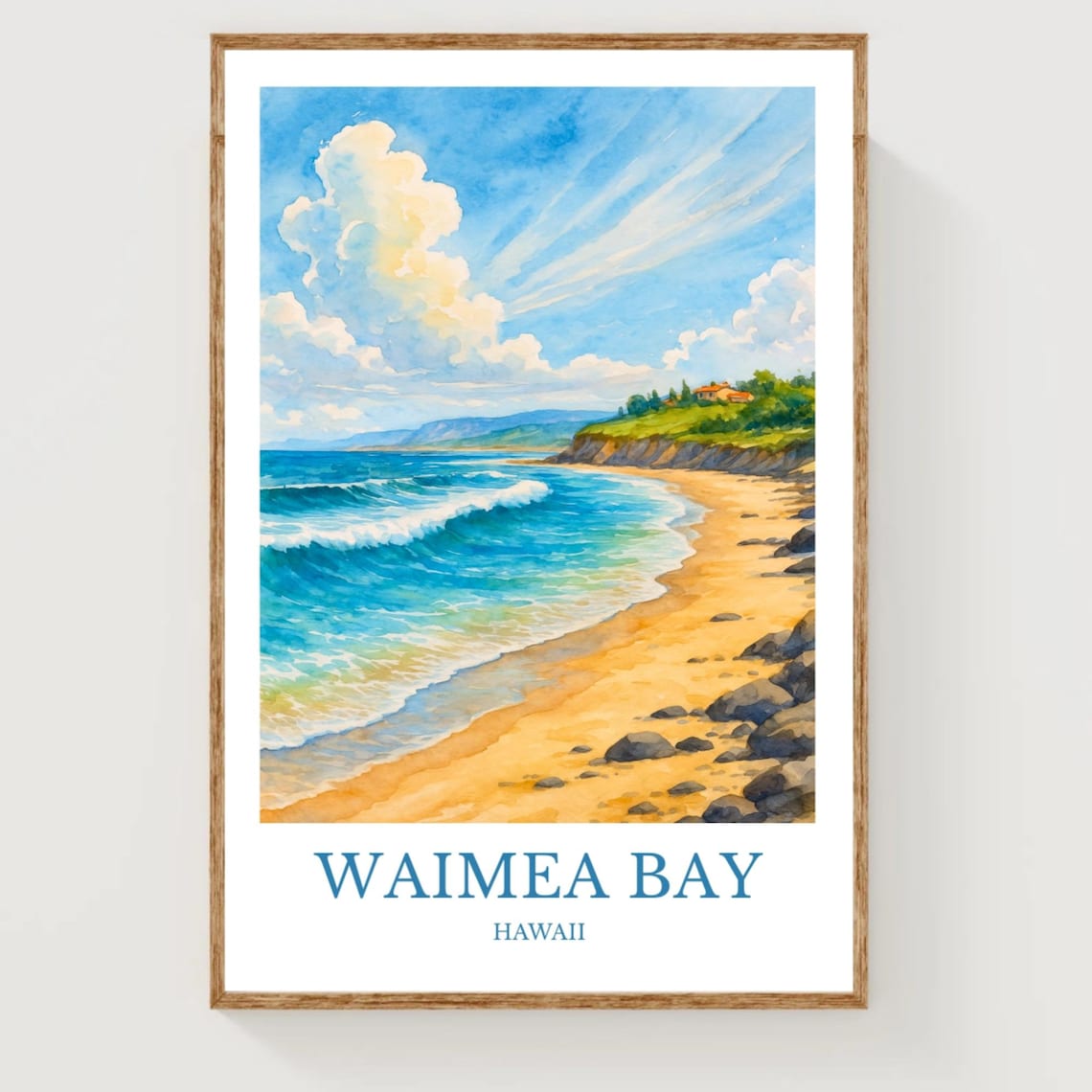 Waimea Bay Hawaii Watercolor Surf Beach Golden Sand Travel Poster