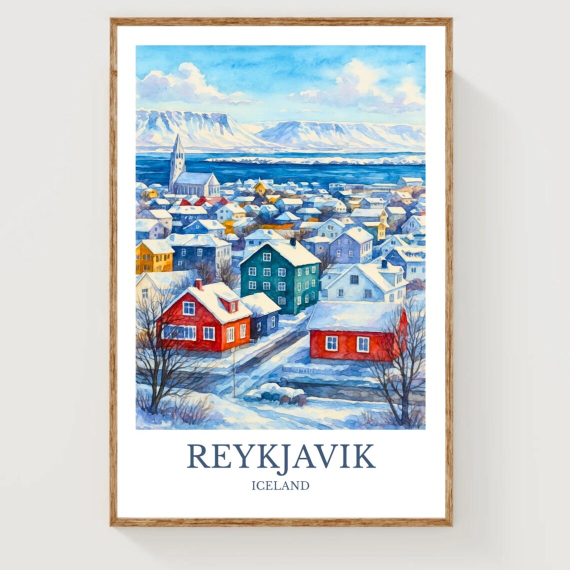 Reykjavik Iceland Snowy Cityscape Watercolor Travel Poster Art