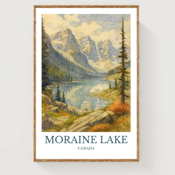 Moraine Lake Canada Watercolor Valley of Peaks Travel Poster