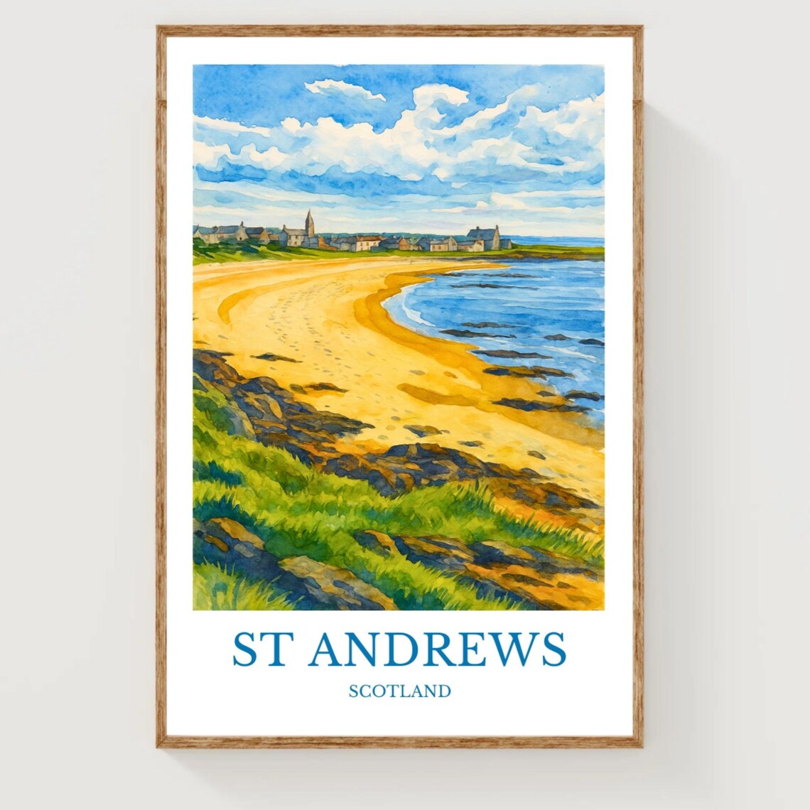 St Andrews Scotland Coastal Golden Beach Watercolor Travel Poster