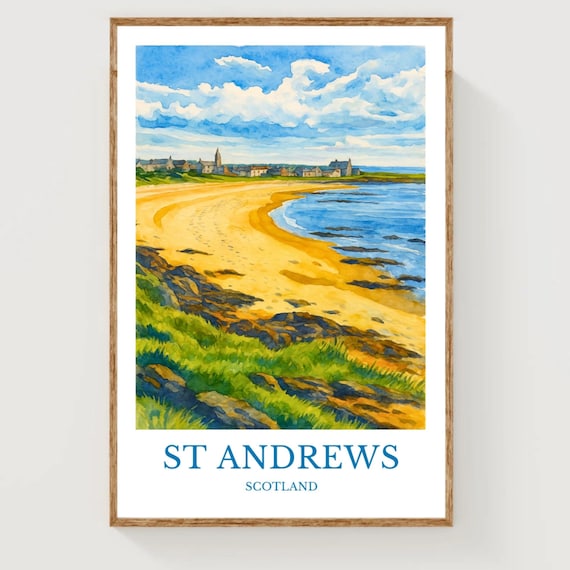 St Andrews Scotland Coastal Golden Beach Watercolor Travel Poster