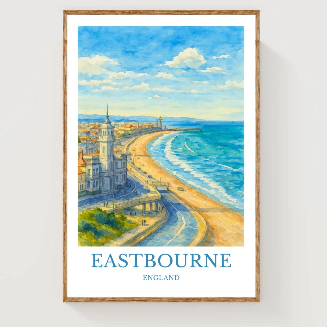 Eastbourne England Seafront Promenade Watercolor Beach Travel Poster