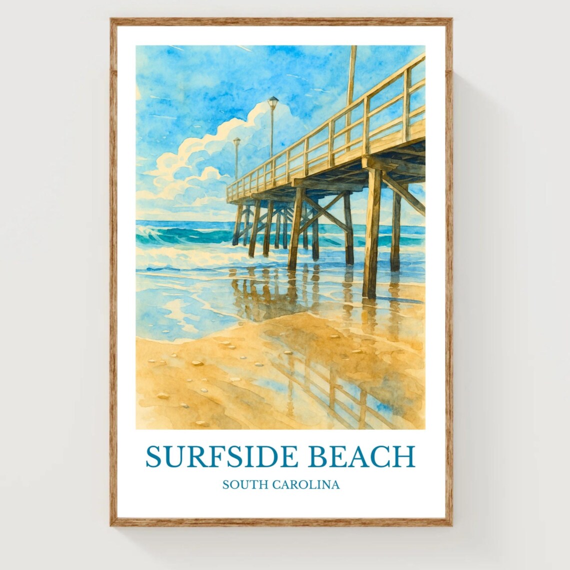 Surfside Beach South Carolina Wooden Pier Watercolor Travel Poster
