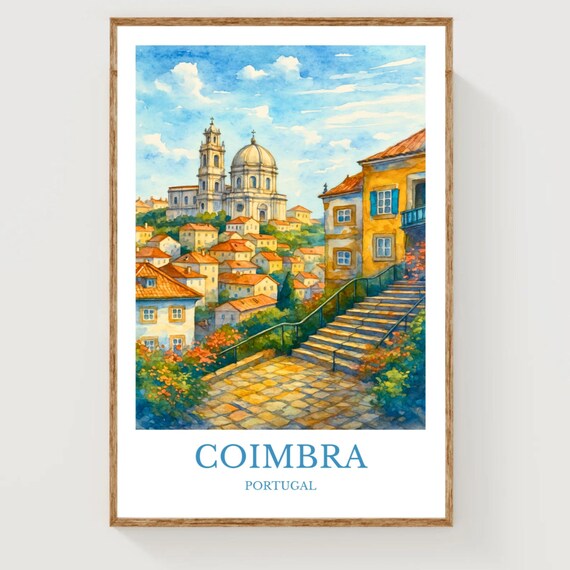 Coimbra Portugal Old Town Cathedral Stairs Watercolor Travel Poster