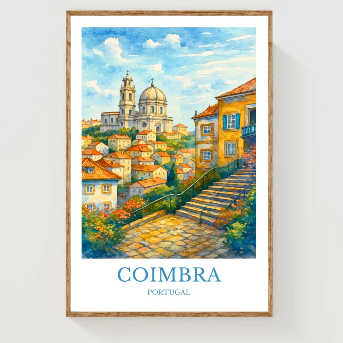 Coimbra Portugal Old Town Cathedral Stairs Watercolor Travel Poster