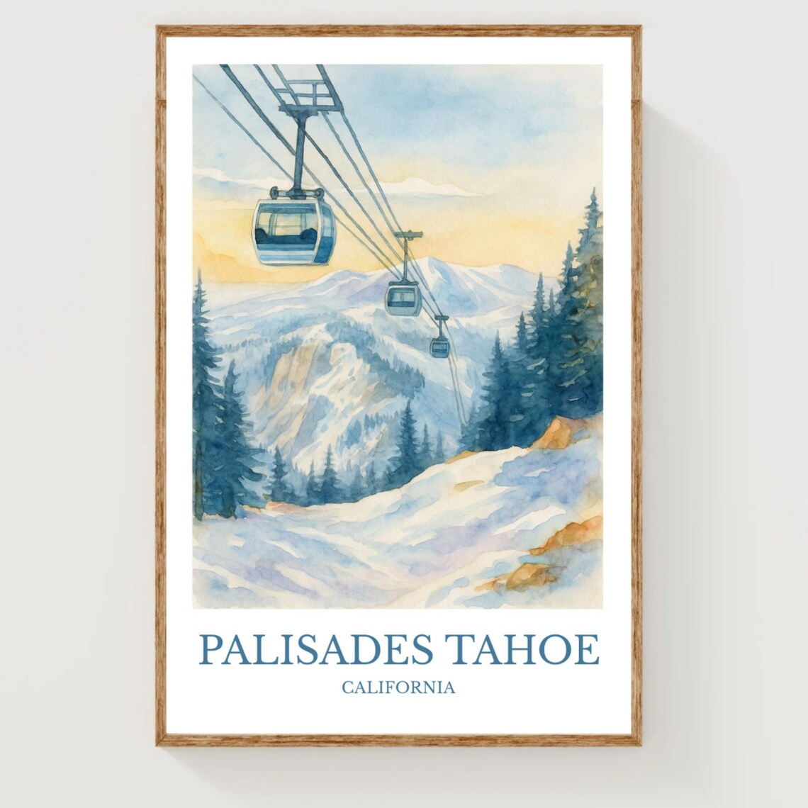 Palisades Tahoe Ski Gondola Winter Watercolor California Poster