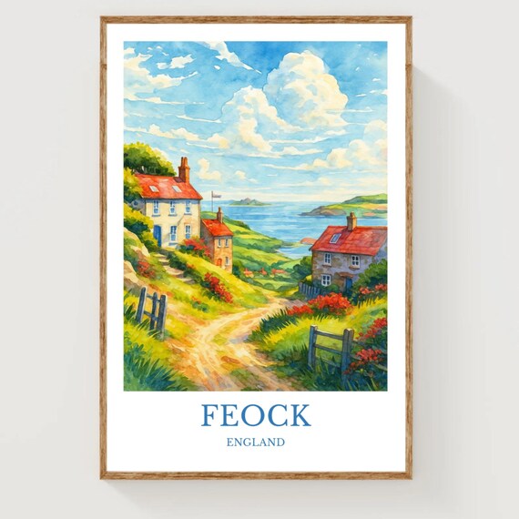 Feock England Watercolor Travel Poster with Coastal Cottages