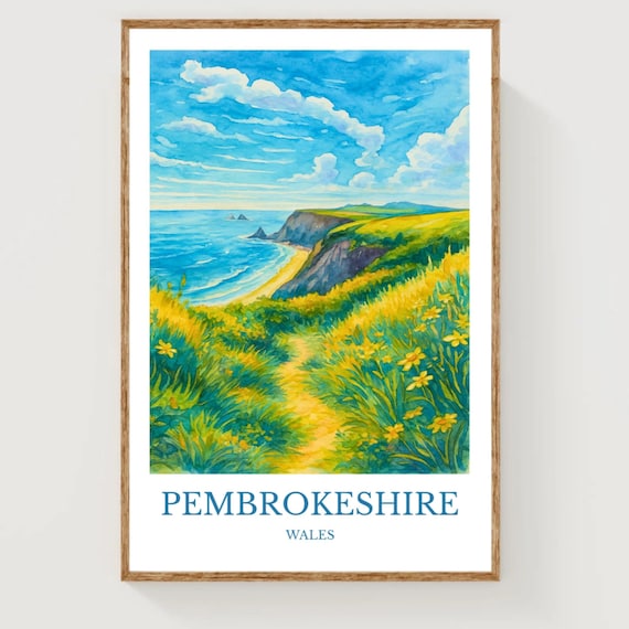 Pembrokeshire Wales Yellow Wildflower Cliff Path Travel Poster