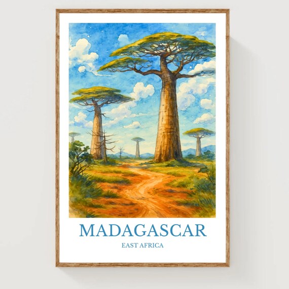 Madagascar East Africa Baobab Trees Watercolor Travel Poster