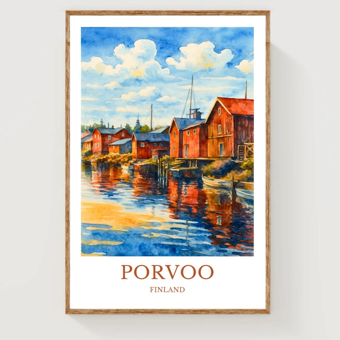 Porvoo Finland Red Wooden Waterfront Houses Watercolor Travel Poster